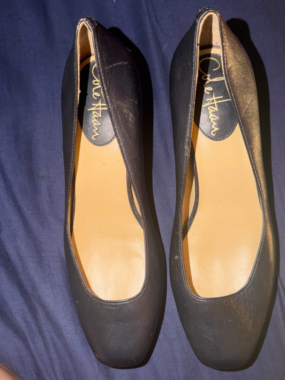 Cole Haan Black Leather Square-Toe Ballet Flats